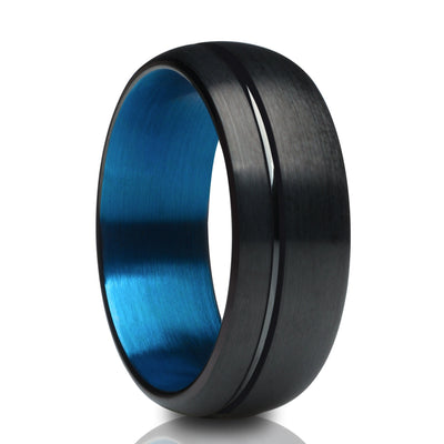 Black Wedding Ring - Blue Tungsten Ring - Tungsten Wedding Ring - Blue Tungsten Band