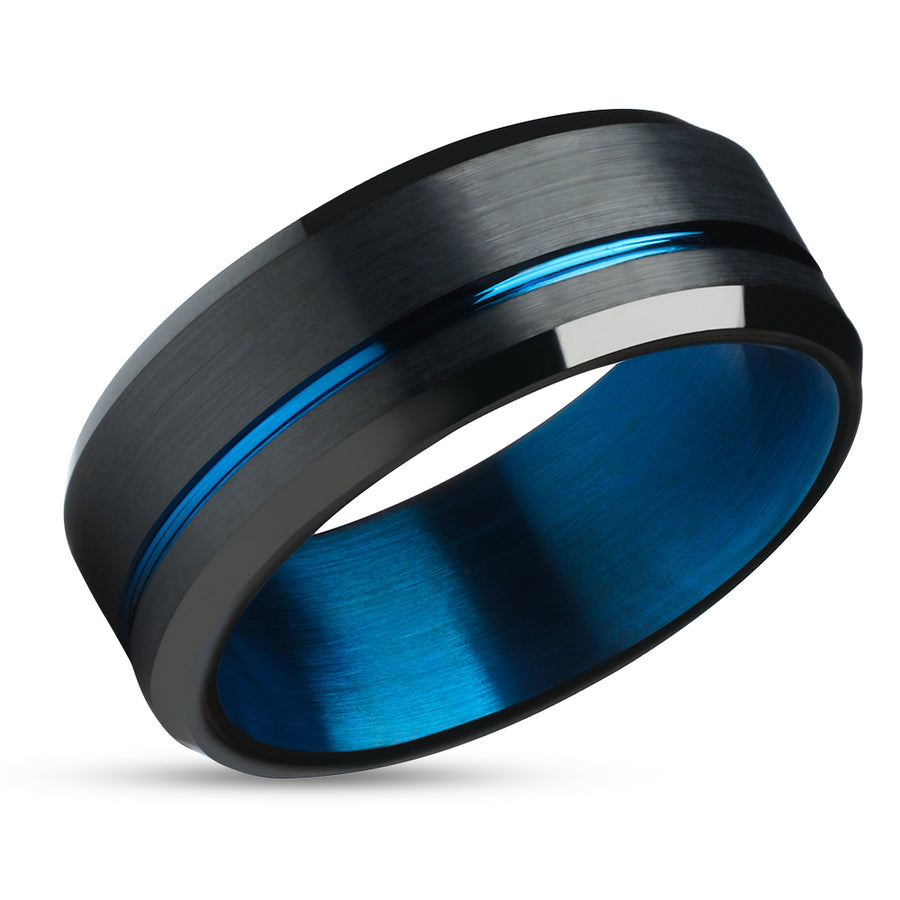 Black Wedding Ring - Blue Tungsten Ring - Blue Wedding Band - Matte Ring - Unique Ring