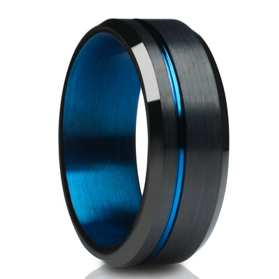 Black Wedding Ring - Blue Tungsten Ring - Blue Wedding Band - Matte Ring - Unique Ring