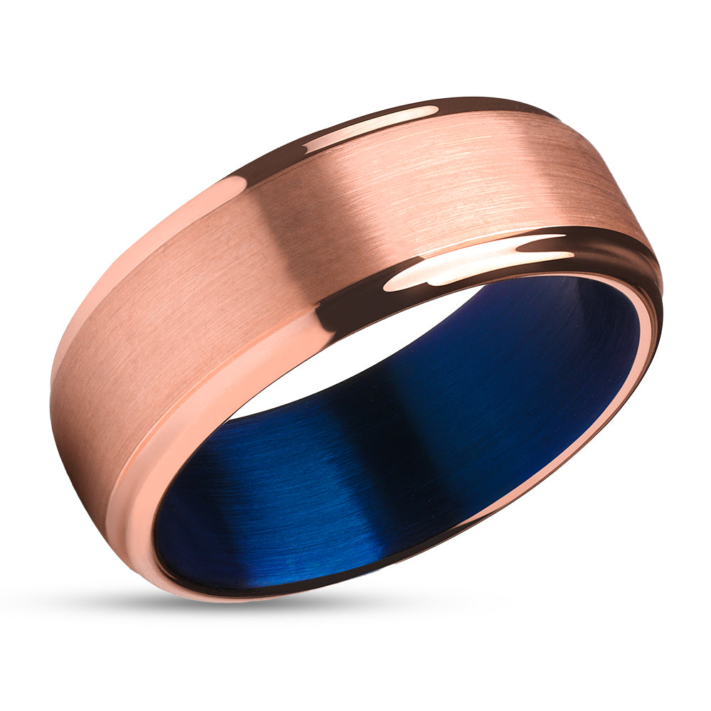 Rose Gold Wedding Ring - Blue Tungsten Ring - Rose Gold Wedding Band - Blue Ring