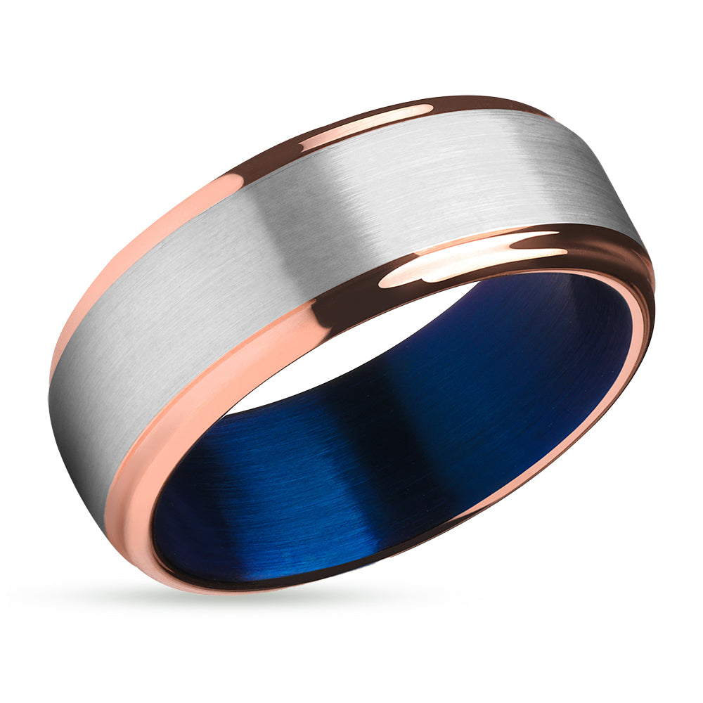 Rose Gold Wedding Ring - Blue Tungsten Ring - Tungsten Wedding Ring - Gray Ring