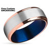 Rose Gold Wedding Ring - Blue Tungsten Ring - Tungsten Wedding Ring - Gray Ring