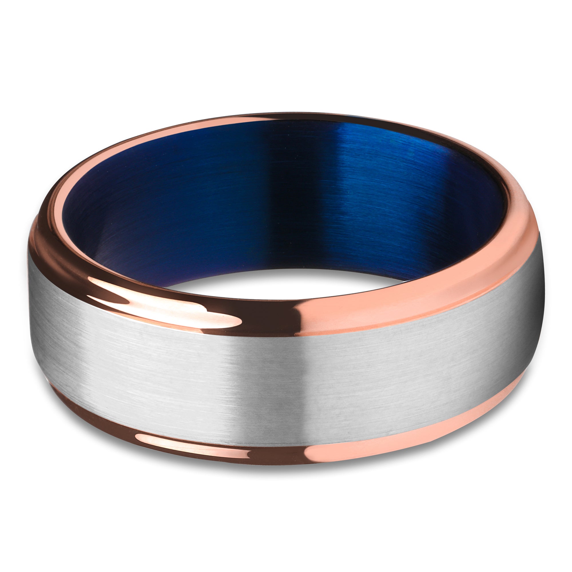 Rose Gold Wedding Ring - Blue Tungsten Ring - Tungsten Wedding Ring - Gray Ring