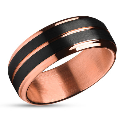 Rose Tungsten Wedding Band - Rose Gold Wedding Ring - Black Tungsten Ring