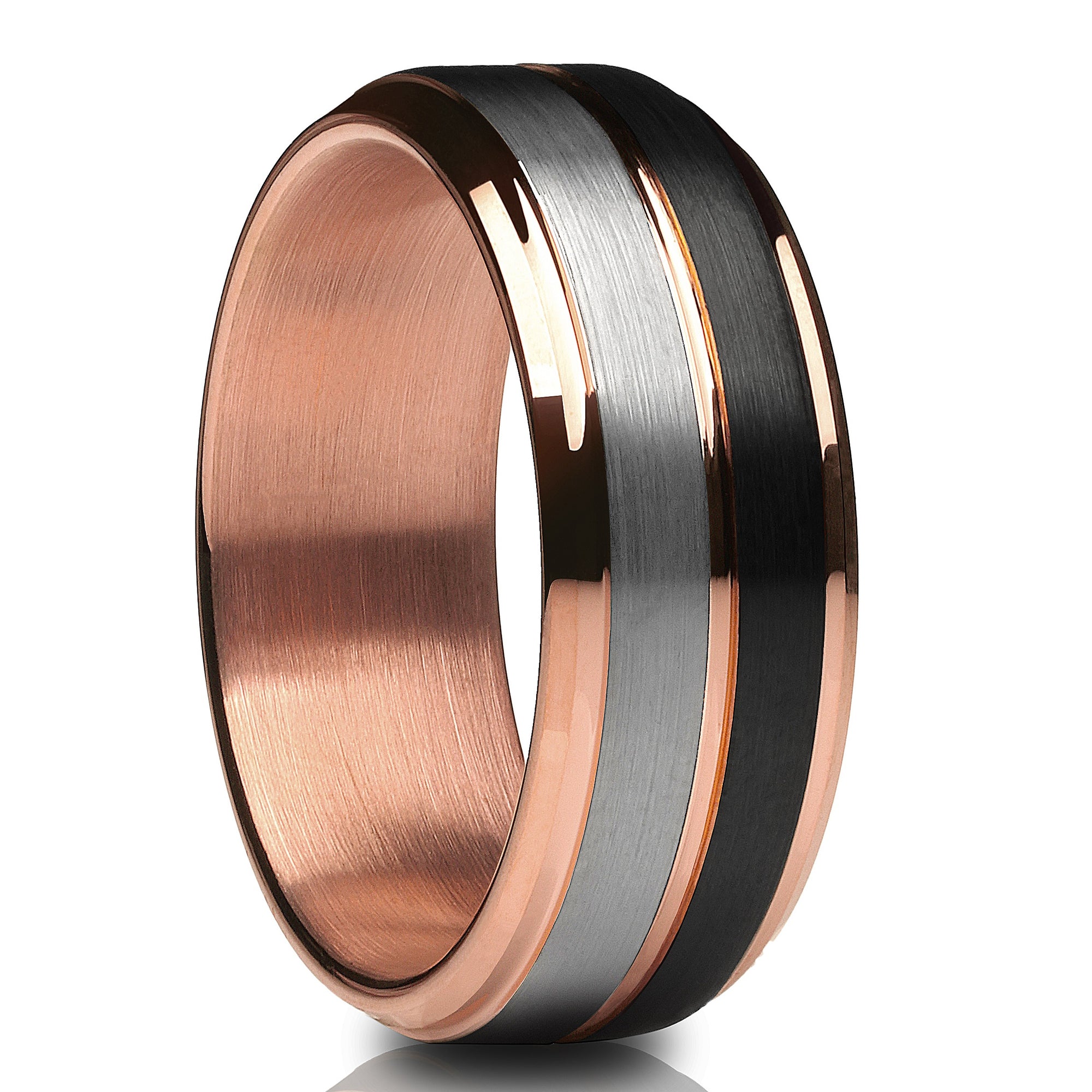 Black Wedding Band - Rose Gold Wedding Ring - Black Tungsten Ring - Rose Gold Band