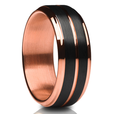 Rose Tungsten Wedding Band - Rose Gold Wedding Ring - Black Tungsten Ring
