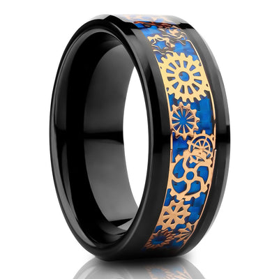 Gear Tungsten Wedding Ring - Black Tungsten Ring - Rose Gold Gear Ring - Tungsten Carbide Ring