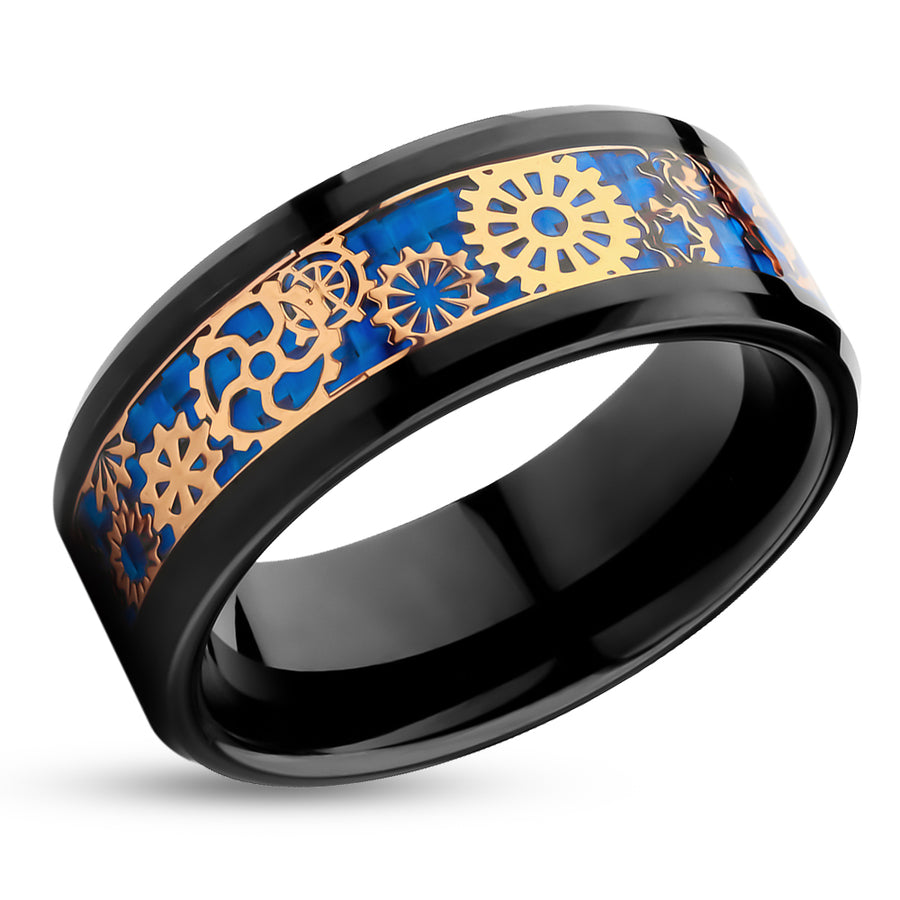 Gear Tungsten Wedding Ring - Black Tungsten Ring - Rose Gold Gear Ring - Tungsten Carbide Ring