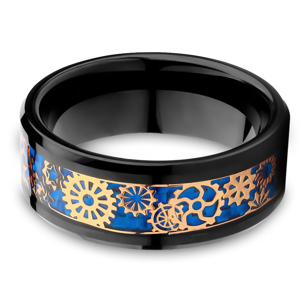 Gear Tungsten Wedding Ring - Black Tungsten Ring - Rose Gold Gear Ring - Tungsten Carbide Ring