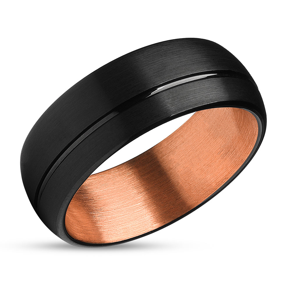 Man's Wedding Ring - Women's Wedding Band - Rose Gold Tungsten Ring - Black