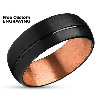 Man's Wedding Ring - Women's Wedding Band - Rose Gold Tungsten Ring - Black
