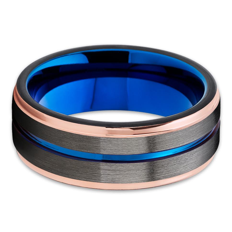 Rose Gold Wedding Ring - Gunmetal Wedding Ring - Blue Tungsten Ring - 18K Rose Gold