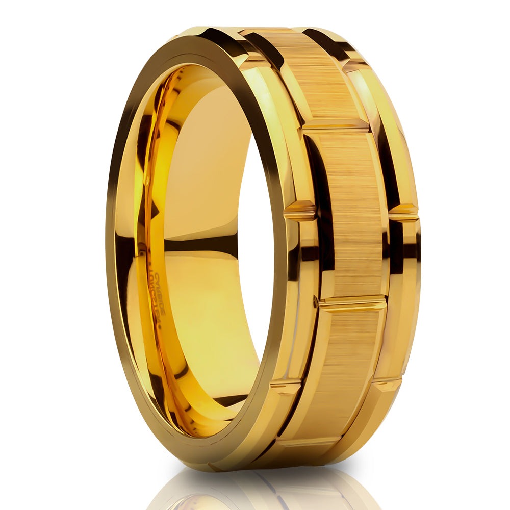 Yellow Gold Tungsten Ring - Unique Wedding Ring - 8mm Yellow Gold Ring - Tungsten Carbide