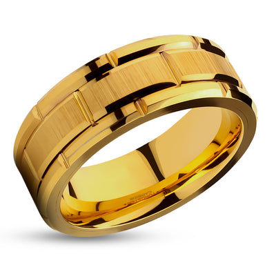 Yellow Gold Tungsten Ring - Unique Wedding Ring - 8mm Yellow Gold Ring - Tungsten Carbide