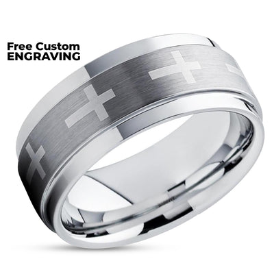 Cross Wedding Band - Silver Tungsten Ring - 9mm Wedding Ring - 7mm Ring - Band