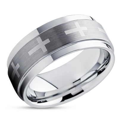 Cross Wedding Band - Silver Tungsten Ring - 9mm Wedding Ring - 7mm Ring - Band