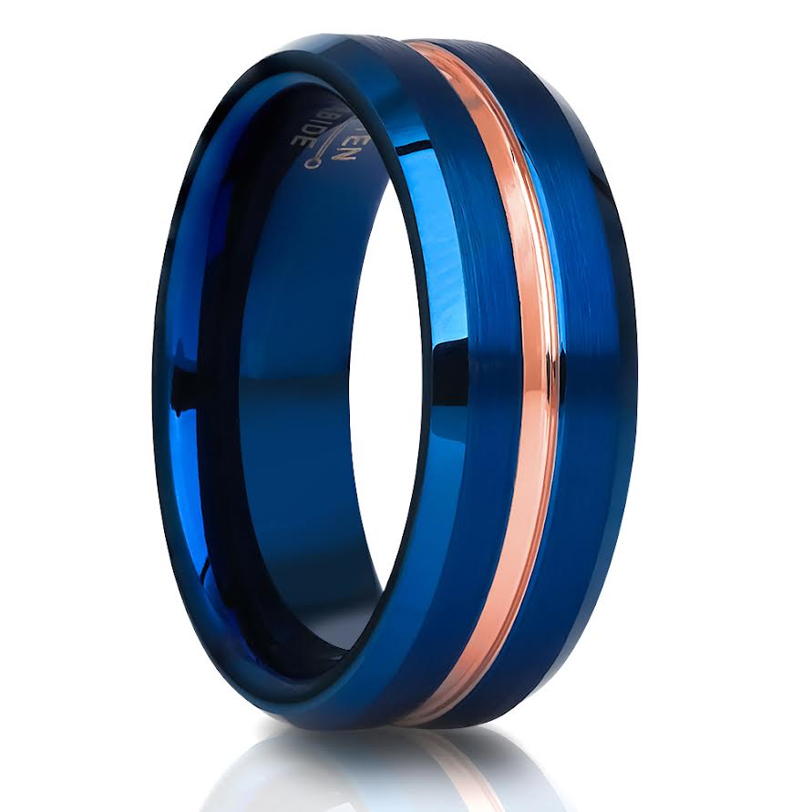 Blue Tungsten Wedding Ring - Blue Wedding Band - Rose Gold Tungsten Ring - Tungsten Carbide Ring