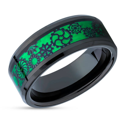 Gear Tungsten Wedding Ring - Green Tungsten Ring - Gear Wedding Band - 8mm Ring