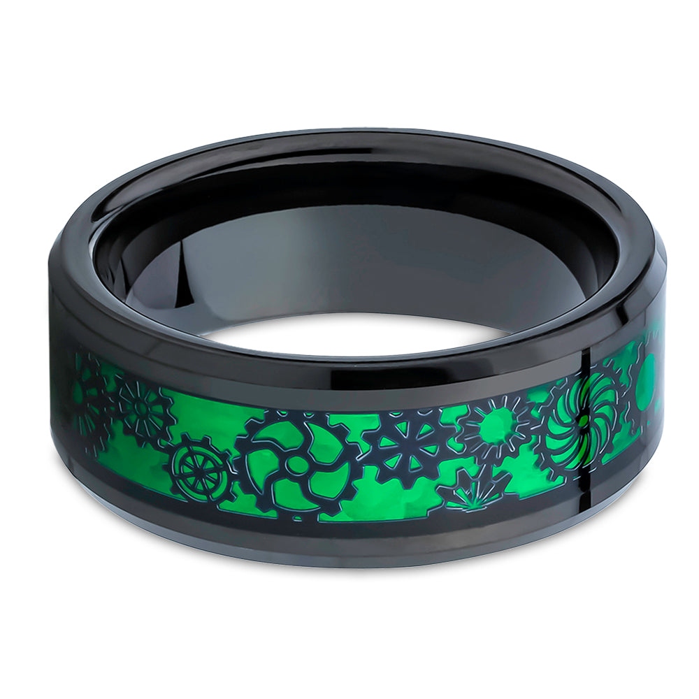 Gear Tungsten Wedding Ring - Green Tungsten Ring - Gear Wedding Band - 8mm Ring