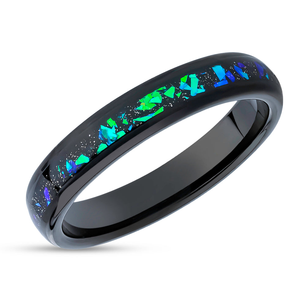 Galaxy Opal Wedding Ring - 4mm Wedding Ring - Black Tungsten Ring - 4mm Wedding Ring