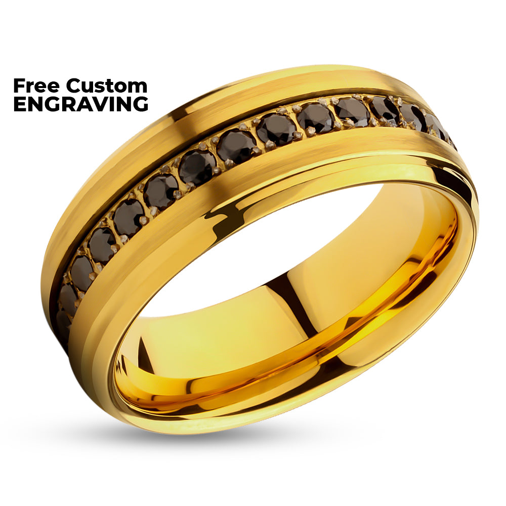 Yellow Gold Tungsten Ring - Black CZ Wedding Ring - Man's Wedding Ring - Tungsten Carbide