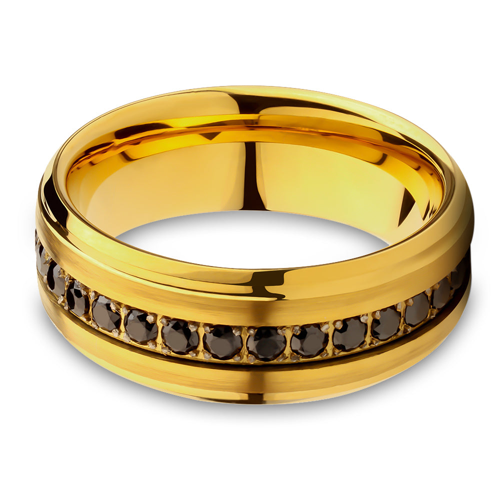 Yellow Gold Tungsten Ring - Black CZ Wedding Ring - Man's Wedding Ring - Tungsten Carbide
