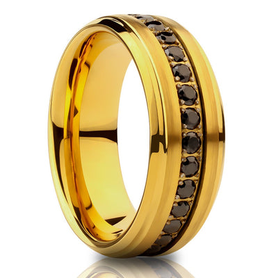 Yellow Gold Tungsten Ring - Black CZ Wedding Ring - Man's Wedding Ring - Tungsten Carbide