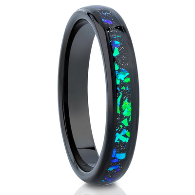 Galaxy Opal Wedding Ring - 4mm Wedding Ring - Black Tungsten Ring - 4mm Wedding Ring