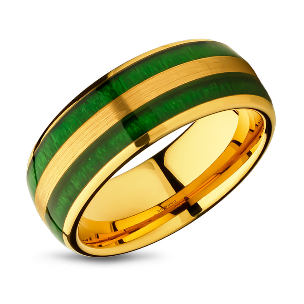 Jade Wedding Ring - Yellow Gold Tungsten Ring - Wedding Band - Green Tungsten Ring