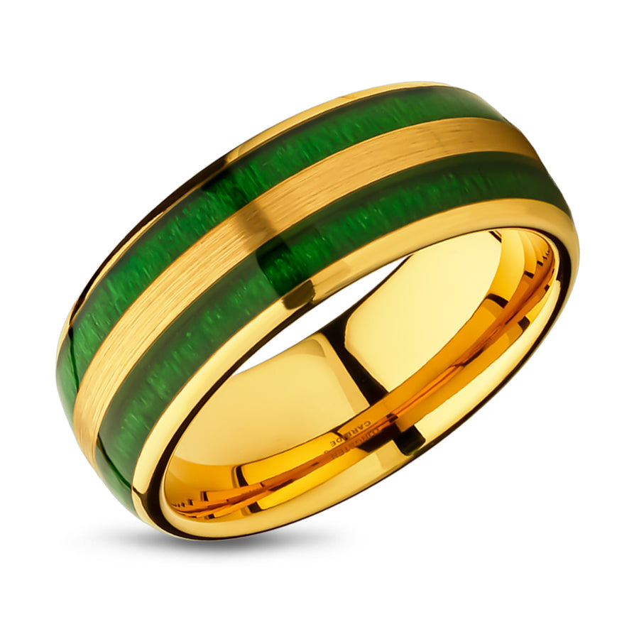 Jade Wedding Ring - Yellow Gold Tungsten Ring - Wedding Band - Green Tungsten Ring