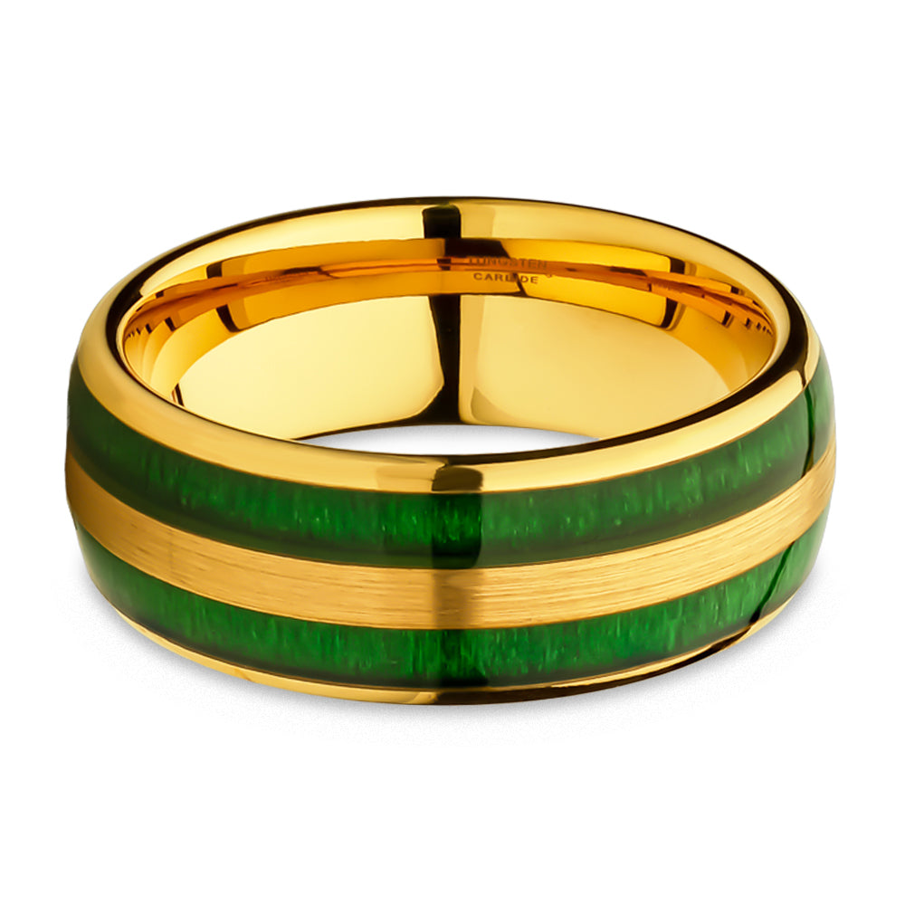 Jade Wedding Ring - Yellow Gold Tungsten Ring - Wedding Band - Green Tungsten Ring