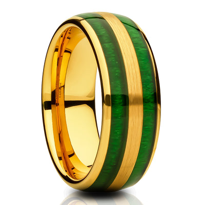 Jade Wedding Ring - Yellow Gold Tungsten Ring - Wedding Band - Green Tungsten Ring