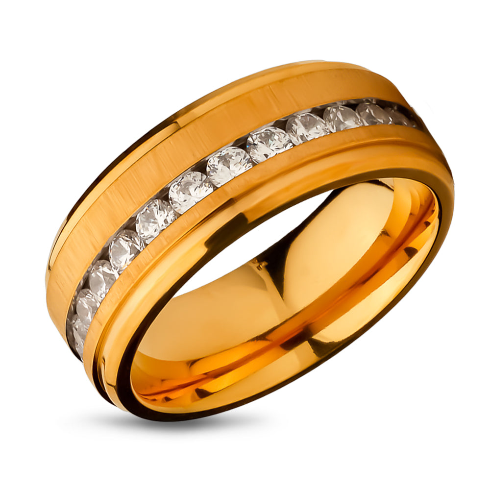 Yellow Gold Titanium Wedding Ring - Wedding Ring - Wedding Band - 8mm - CZ Wedding Ring