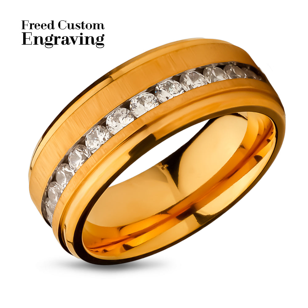 Yellow Gold Titanium Wedding Ring - Wedding Ring - Wedding Band - 8mm - CZ Wedding Ring