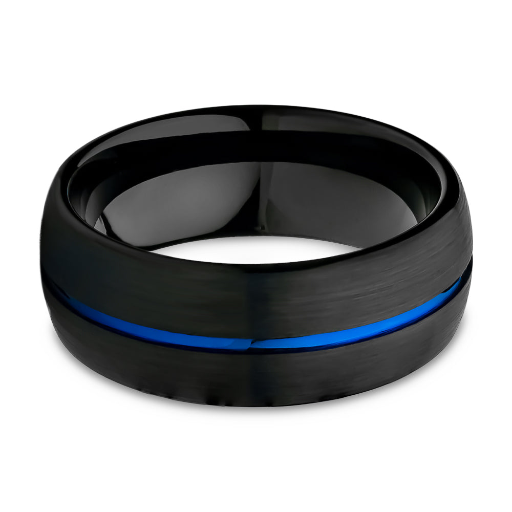 Blue Tungsten Wedding Ring - Black Tungsten Ring - Center Groove - Black Wedding Ring