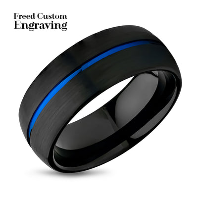 Blue Tungsten Wedding Ring - Black Tungsten Ring - Center Groove - Black Wedding Ring