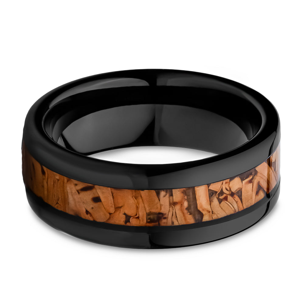 Cork Wedding Ring - Black Tungsten Ring - 8mm Wedding Ring - Tungsten Carbide Ring - Cork Ring
