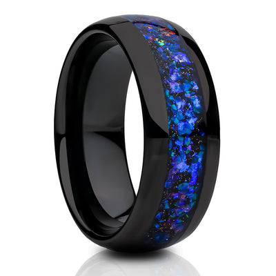 Galaxy Opal Tungsten Wedding Ring - Blue Galaxy Opal Ring - Black Tungsten Ring - Engagement Ring
