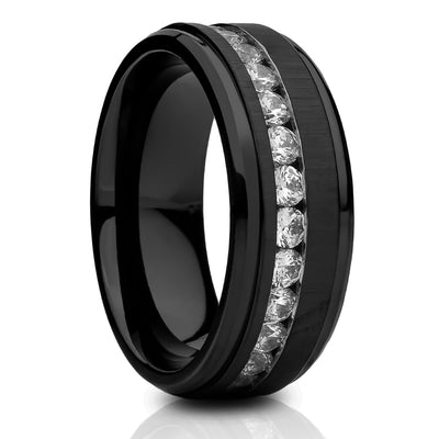 Black Titanium Wedding Ring - CZ Wedding Ring - Engagement Ring - Titanium Wedding Band