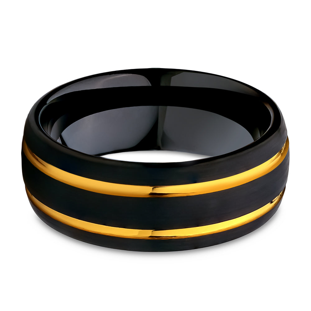 Black Tungsten Wedding Ring - Yellow Gold Wedding Ring - 8mm Wedding Ring - Man's Wedding Ring