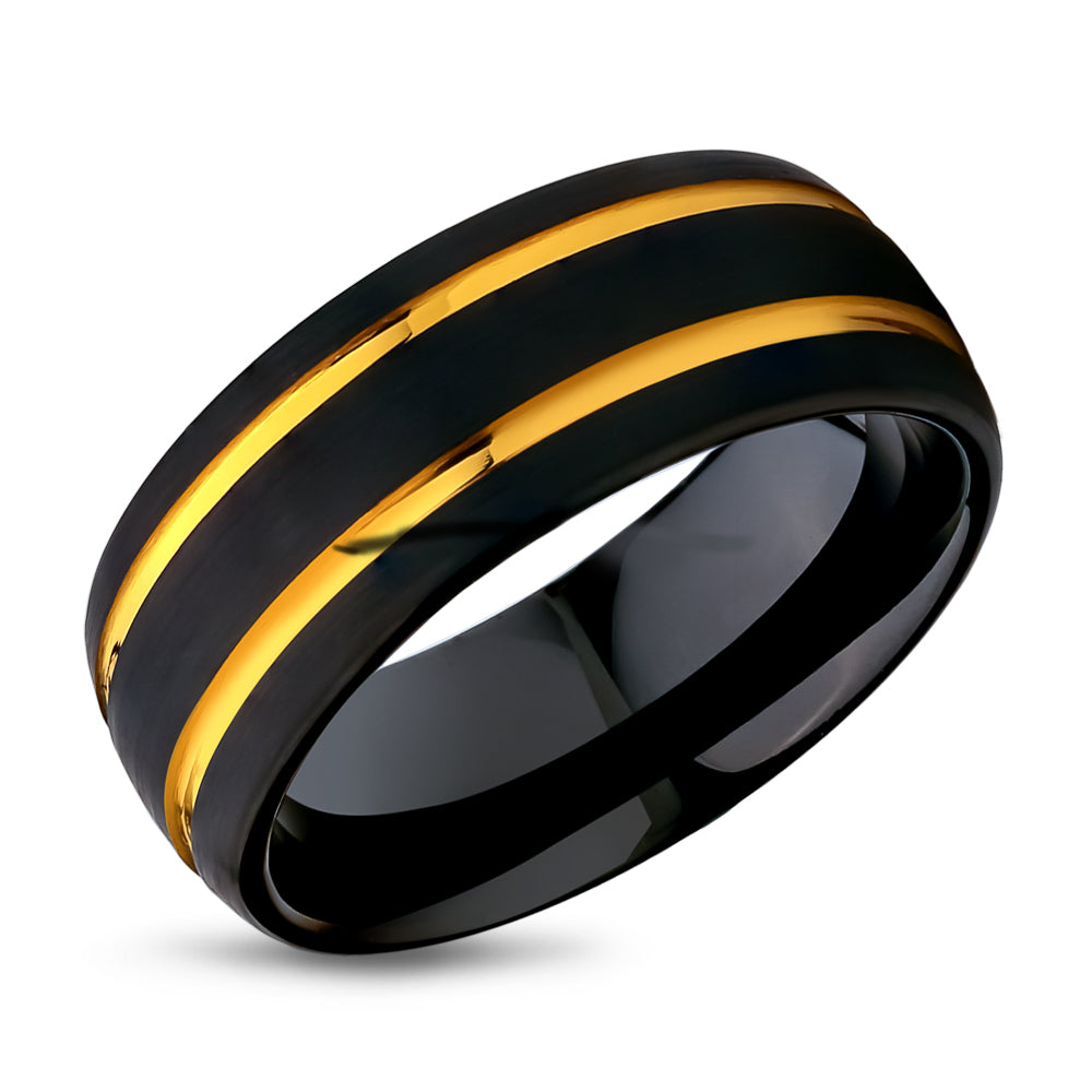Black Tungsten Wedding Ring - Yellow Gold Wedding Ring - 8mm Wedding Ring - Man's Wedding Ring