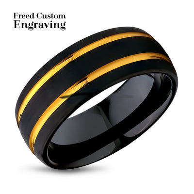 Black Tungsten Wedding Ring - Yellow Gold Wedding Ring - 8mm Wedding Ring - Man's Wedding Ring