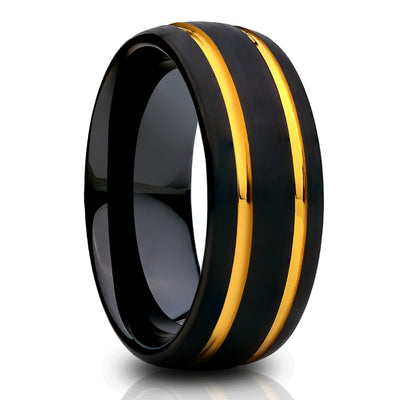 Black Tungsten Wedding Ring - Yellow Gold Wedding Ring - 8mm Wedding Ring - Man's Wedding Ring