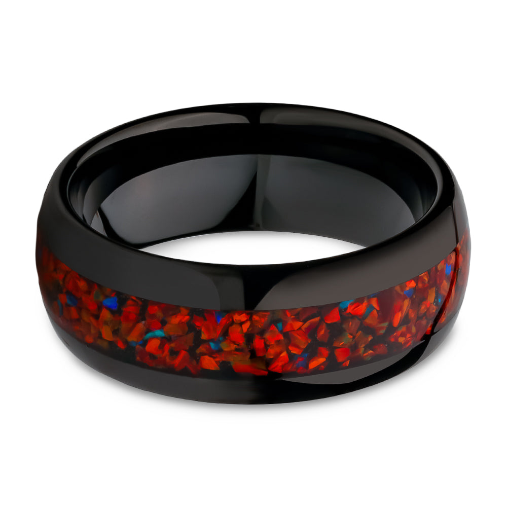 Red Galaxy Opal Tungsten Wedding Ring - Black Tungsten Ring - Engagement Ring - Galaxy Ring