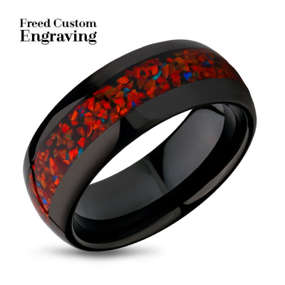 Red Galaxy Opal Tungsten Wedding Ring - Black Tungsten Ring - Engagement Ring - Galaxy Ring
