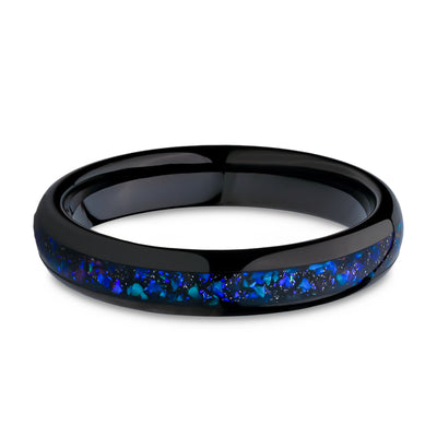 4mm Wedding Ring - Blue Galaxy Opal Wedding Ring - Black Tungsten Ring - Wedding Band - Galaxy Ring