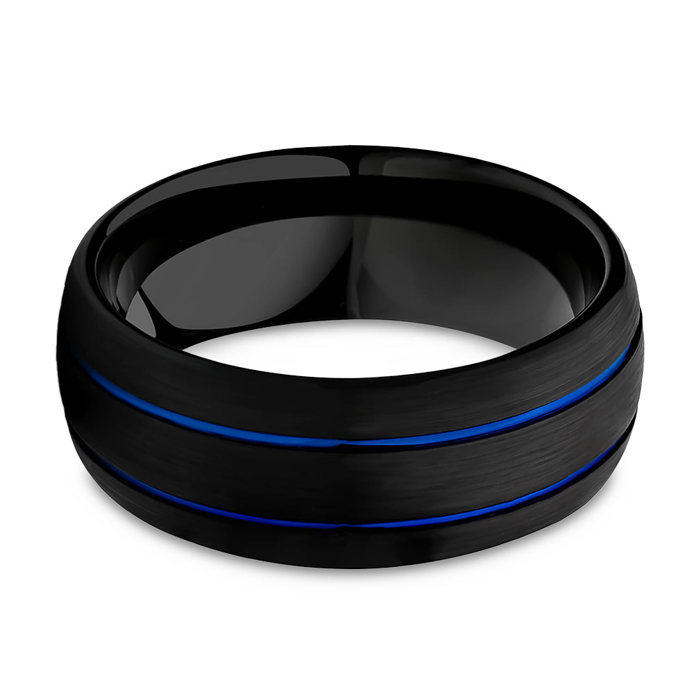 Man's Wedding Ring - Woman's Wedding Band - Blue Tungsten Wedding Ring - Black Tungsten Ring