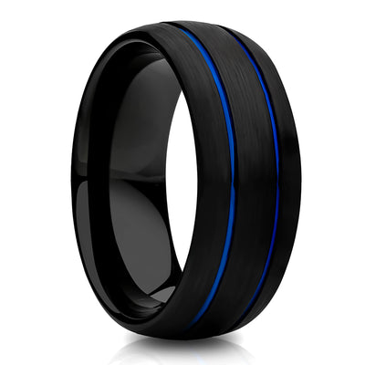 Man's Wedding Ring - Woman's Wedding Band - Blue Tungsten Wedding Ring - Black Tungsten Ring