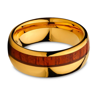 Yellow Gold Wedding Ring - Koa Wood Wedding Band - Tungsten Wedding Ring - Shiny Ring - Dome Ring