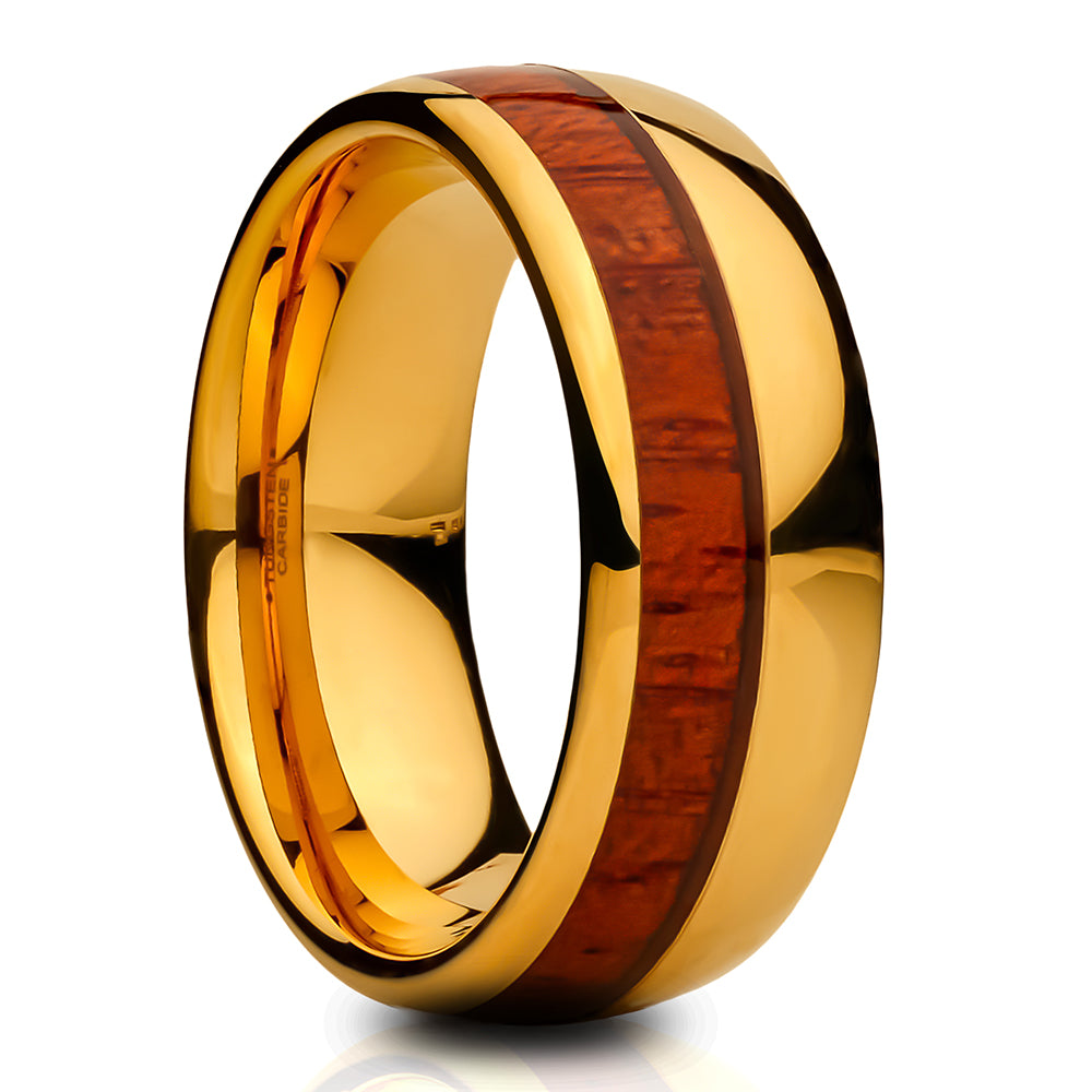 Yellow Gold Wedding Ring - Koa Wood Wedding Band - Tungsten Wedding Ring - Shiny Ring - Dome Ring